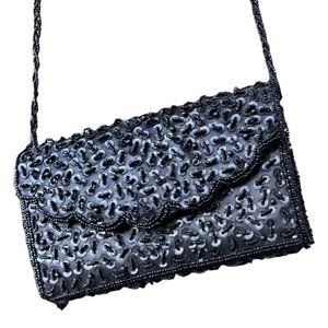 Black beaded flap crossbody bag